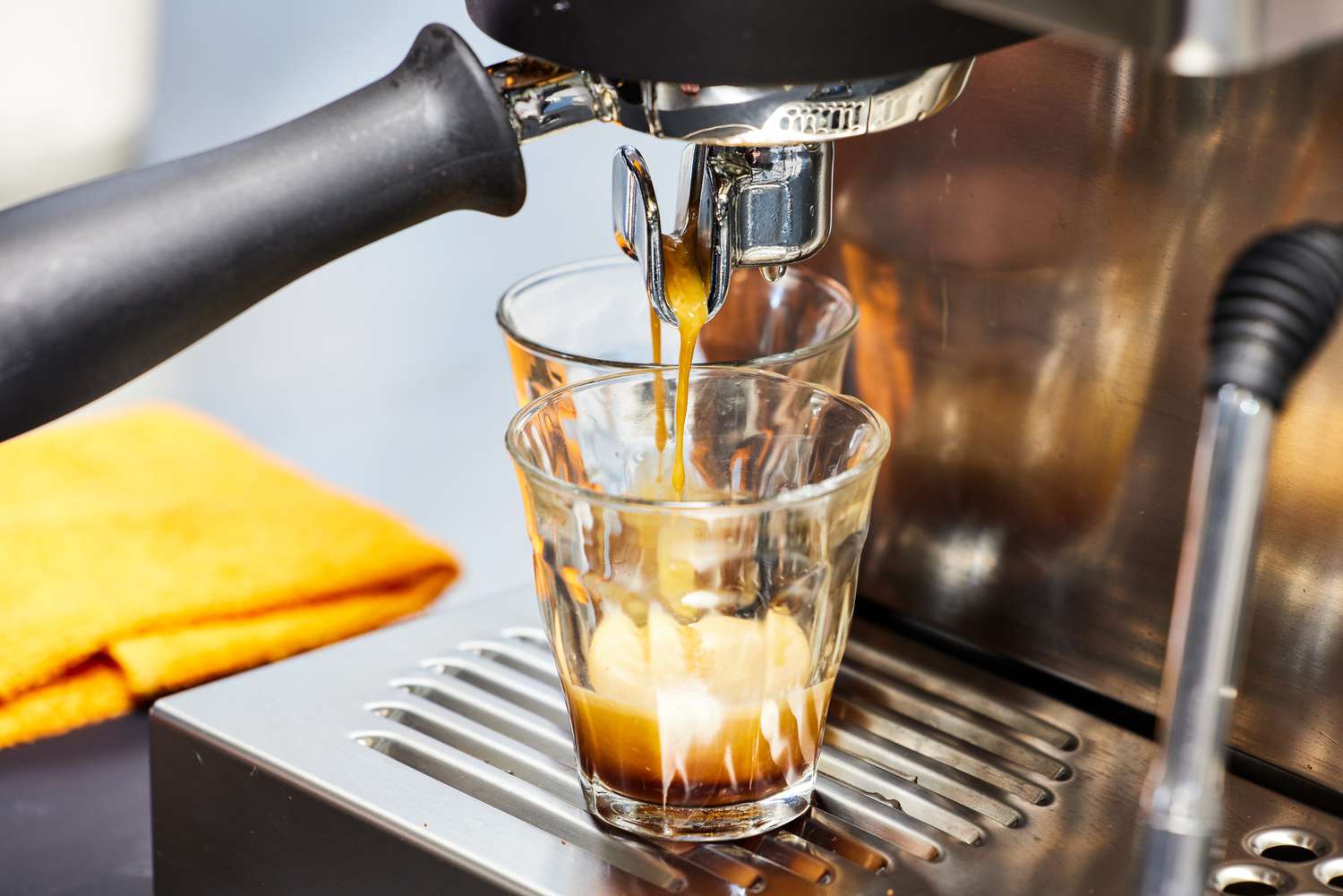 Closeup of the Rancilio Silvia Espresso Machine making two espressos