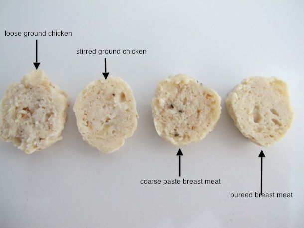 The results of meatball testing. Four meatballs have been cut in half to reveal the interior structure, from left to right are loose ground chicken, stirred ground chicken, coarse paste breast meat, and puréed breast meat. The mixture made from loose ground chicken looks dry with large bubbles while the mixture from pureed breast meat looks tight and smooth.