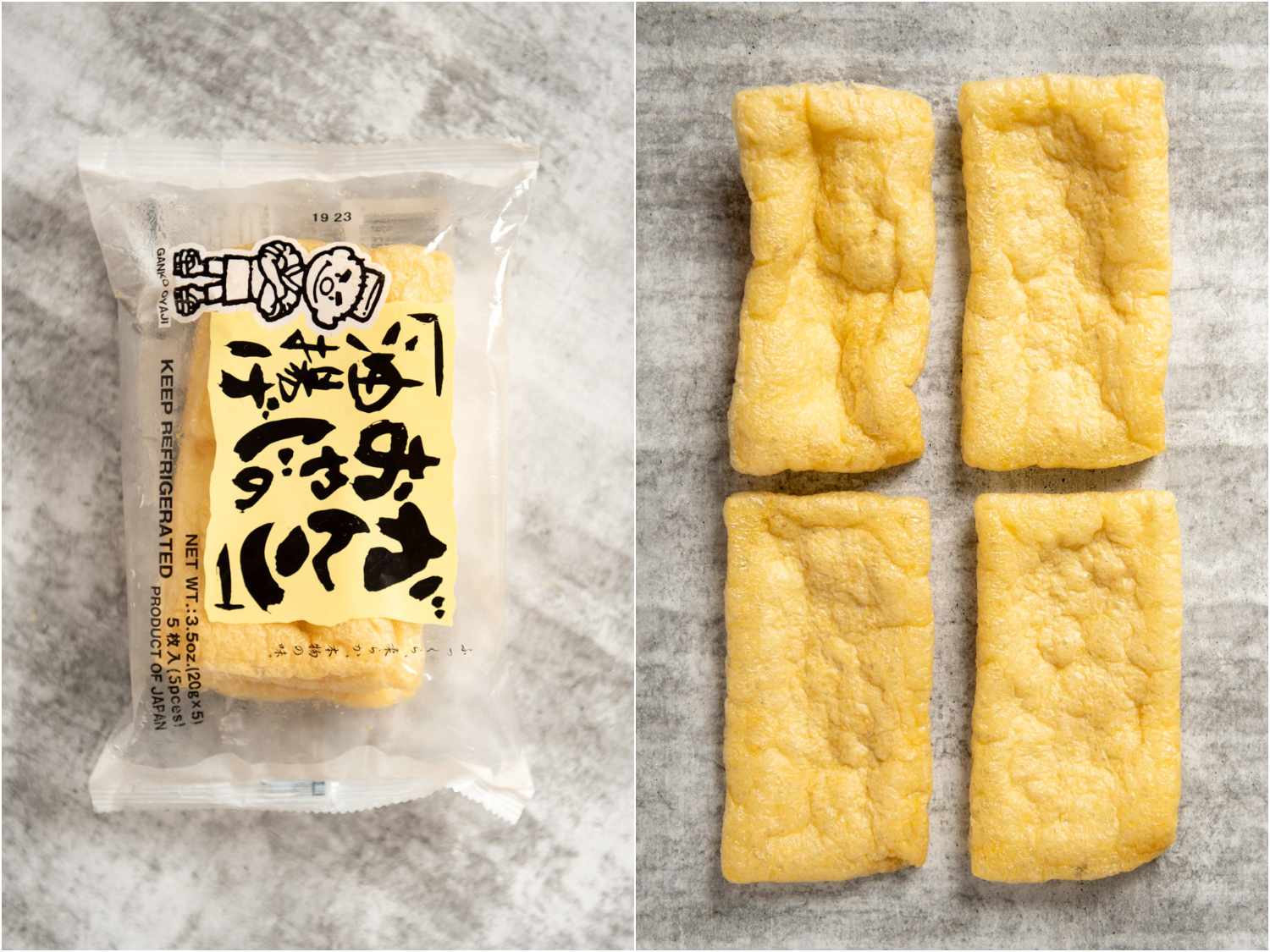 Collage of aburaage tofu in packaging; unpackaged