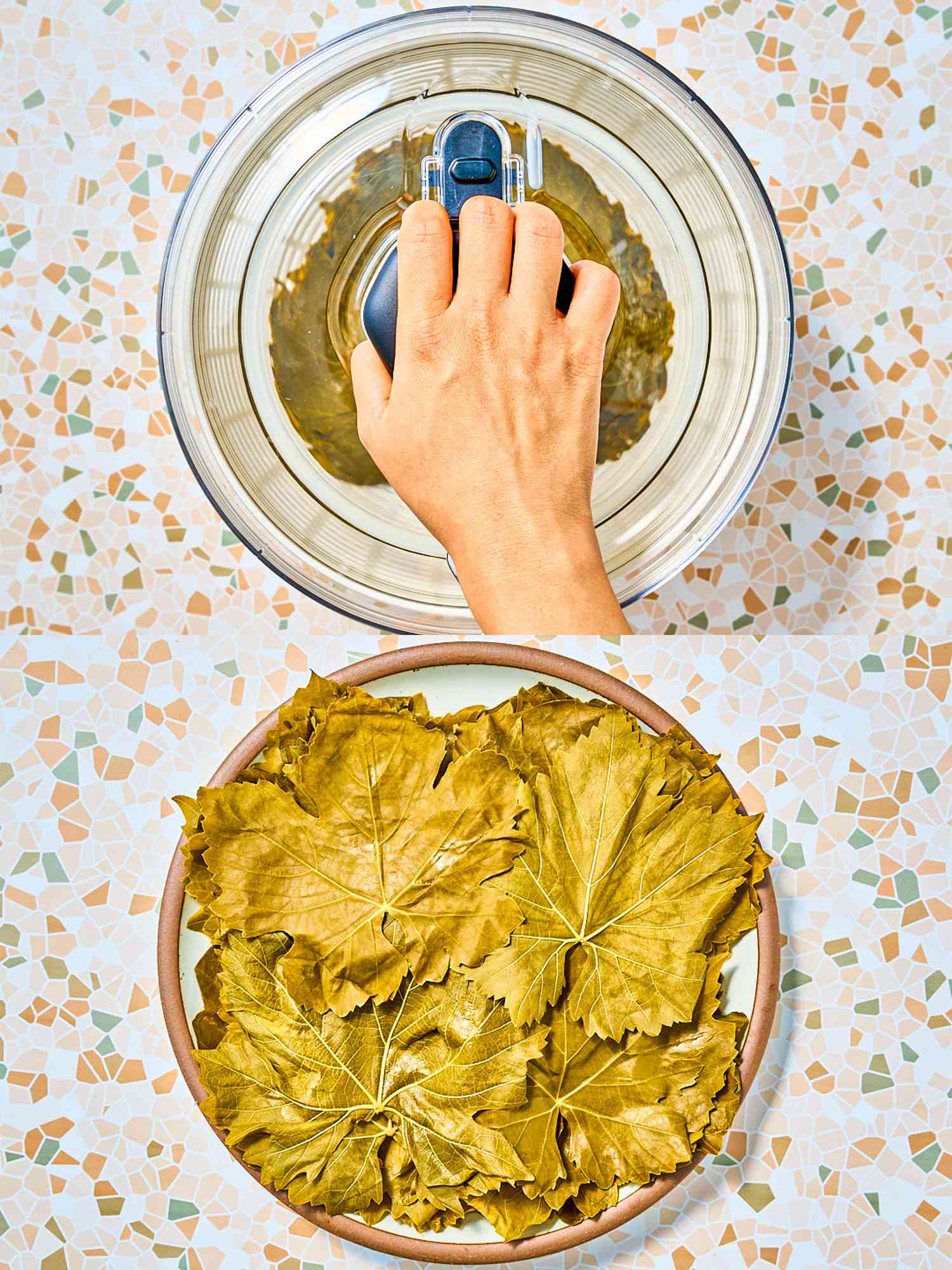 Two image collage of spinning leaves and dried leaves on plate