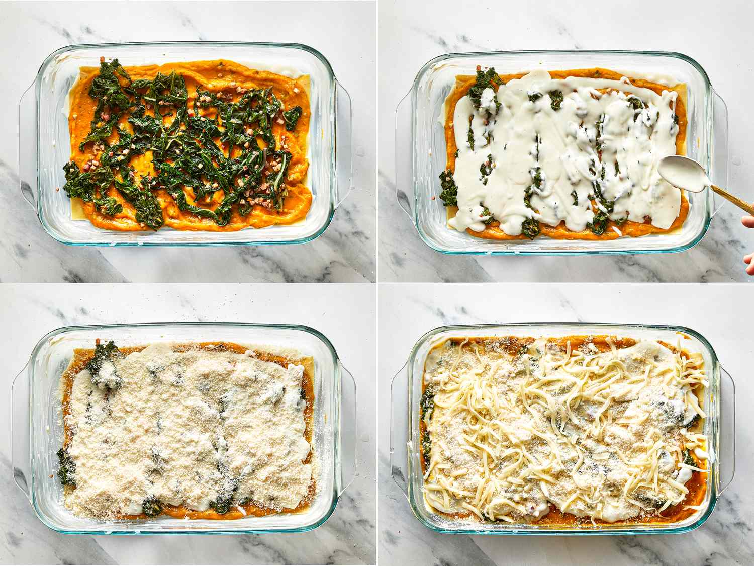 Stepbystep preparation of pumpkin lasagna with visible layers of ingredients including sauce greens and cheese
