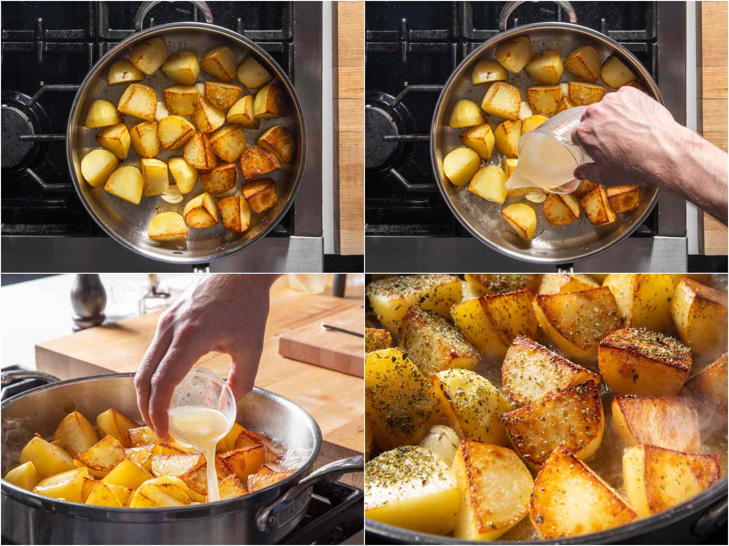 Browning potatoes in skillet, then adding stock, lemon juice, and oregano.