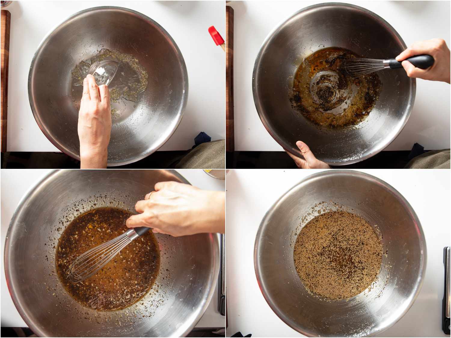 Collage of whisking dressing for gaji namul