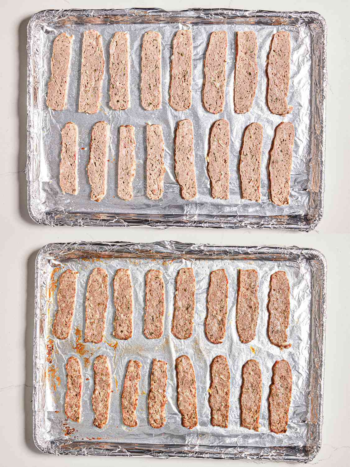 Two image collage. Top: Lamb strips on a aluminum foil lined baking sheet before being broiled. Bottom: Lamb strips after being broiled. 