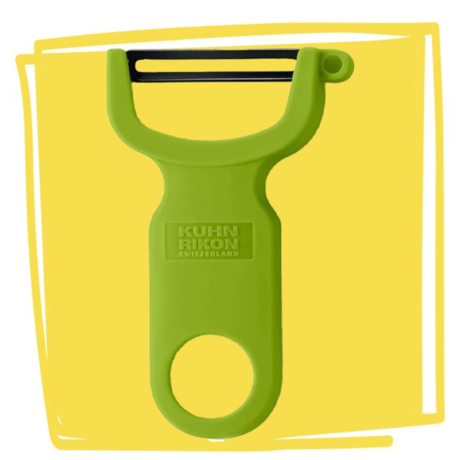Kuhn Rikon Original Swiss Peeler against a yellow background