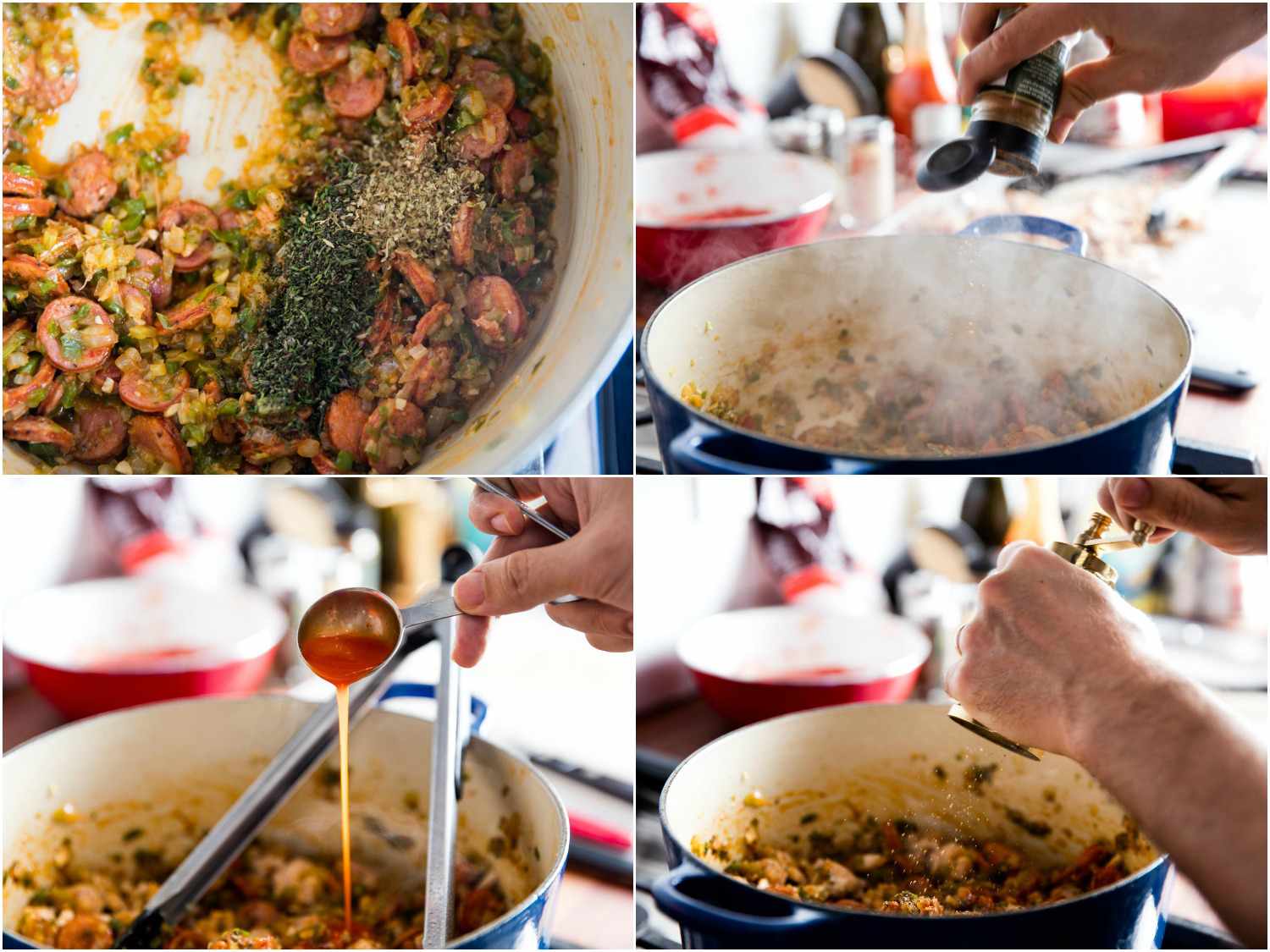A 4-image collage showing herbs, spices, and hot sauce being added to the pot.