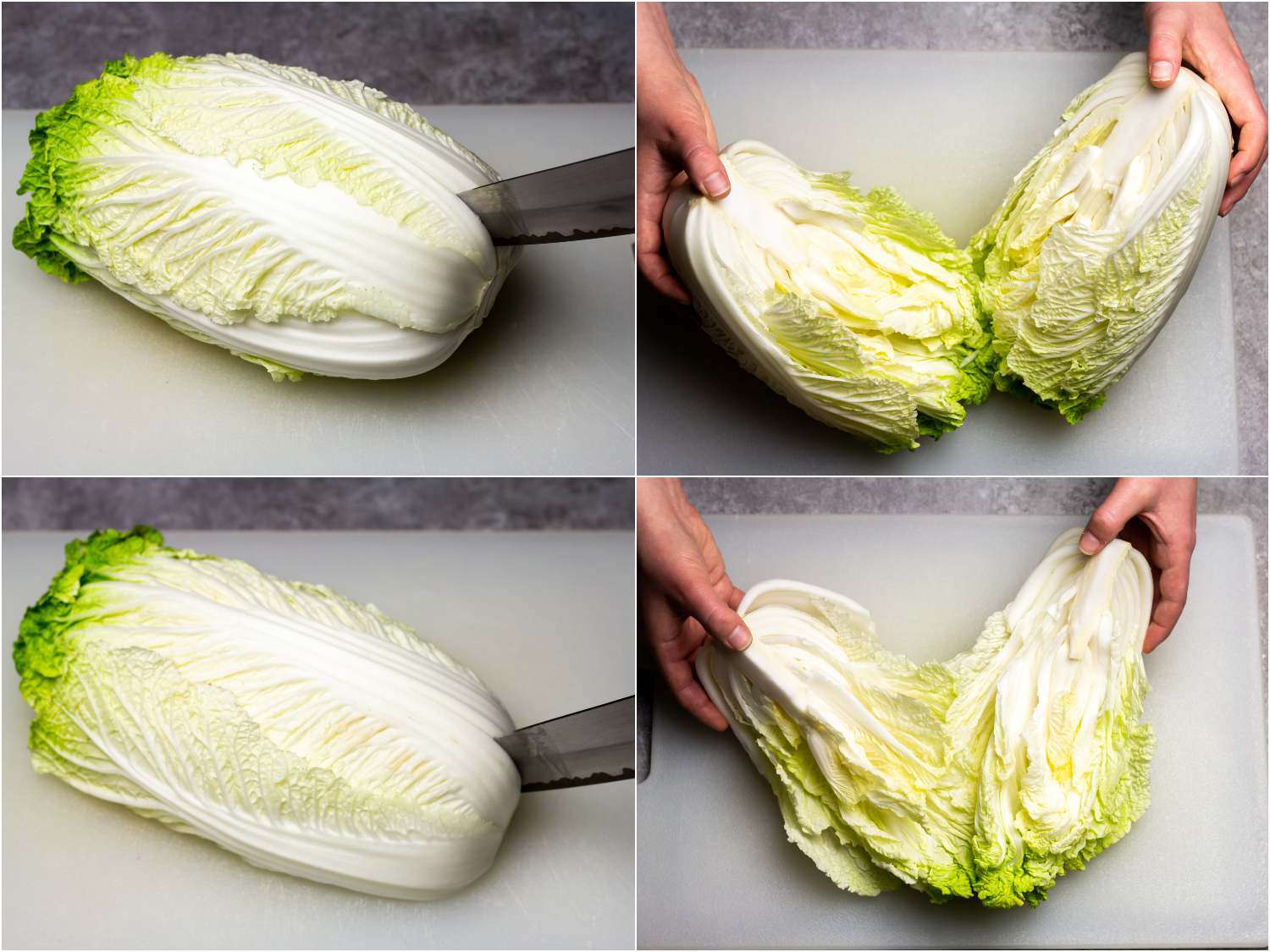 prepping a head of napa cabbage for baechu kimchi