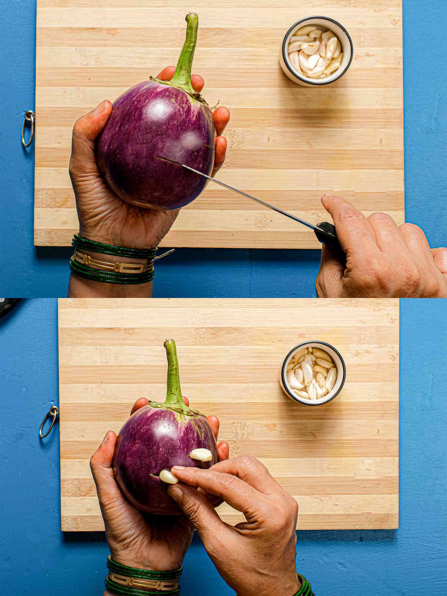 Two image collage of cutting and placing garlic in 