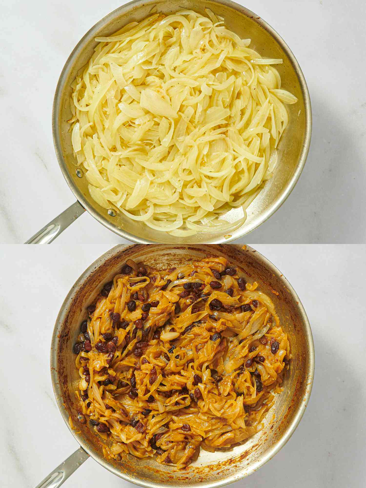 2 image collage. Top: sauted sliced onions in pan. Bottom: raisins, stock, honey and spices added to pan 