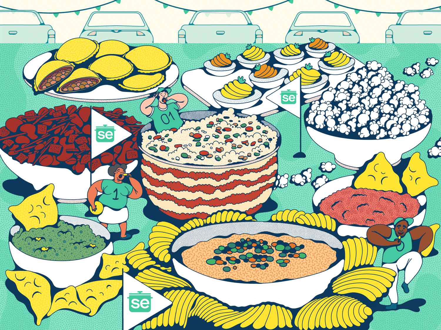 Illustration of gameday snacks at a tailgate