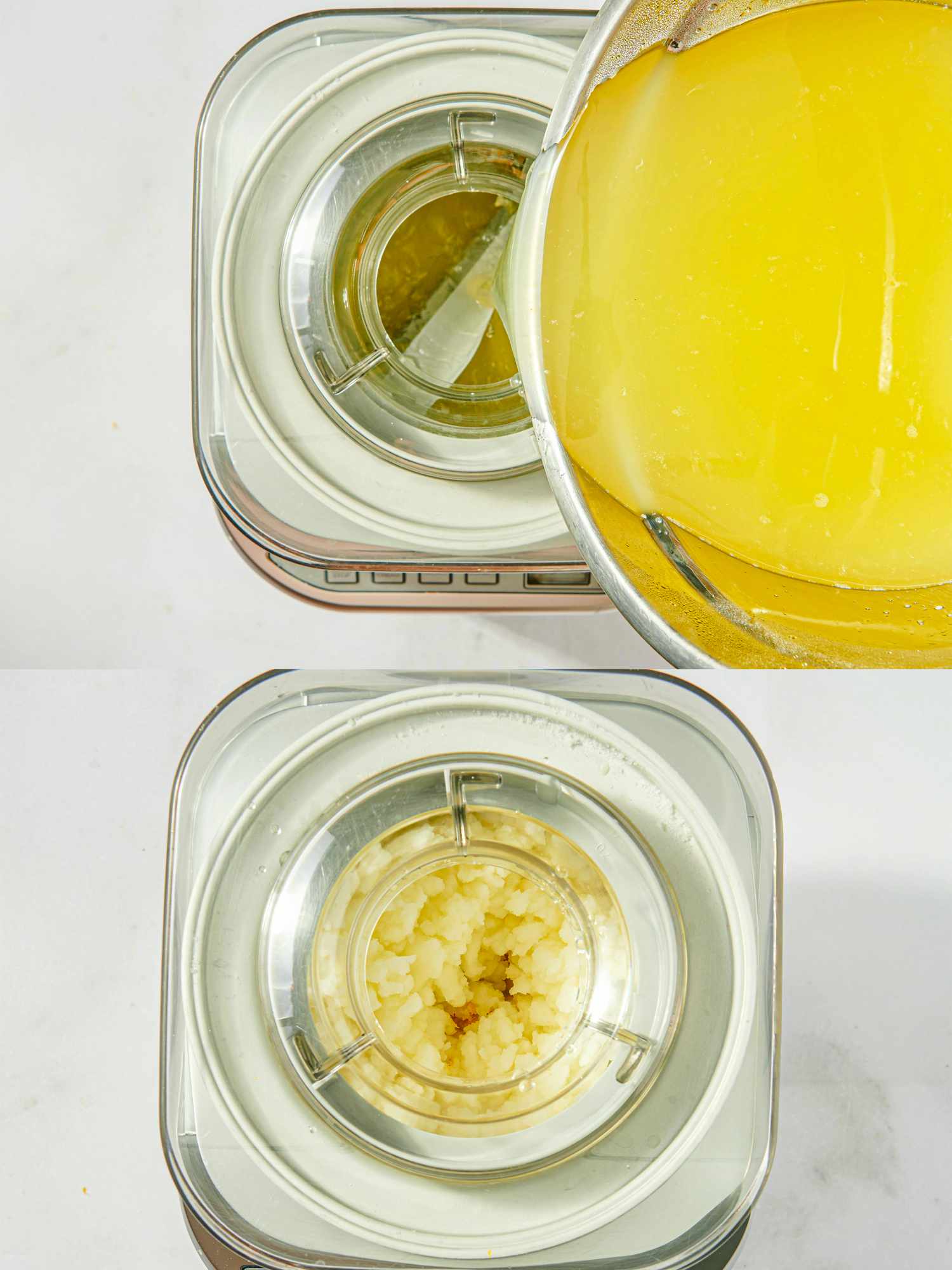 Twostage process of making a frozen dessert showing liquid mixture poured into a machine and the resulting semifrozen texture