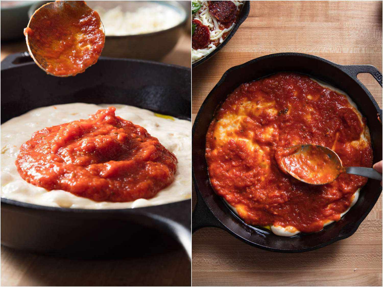 Collage of photos depicting saucing a pan pizza dough before topping.