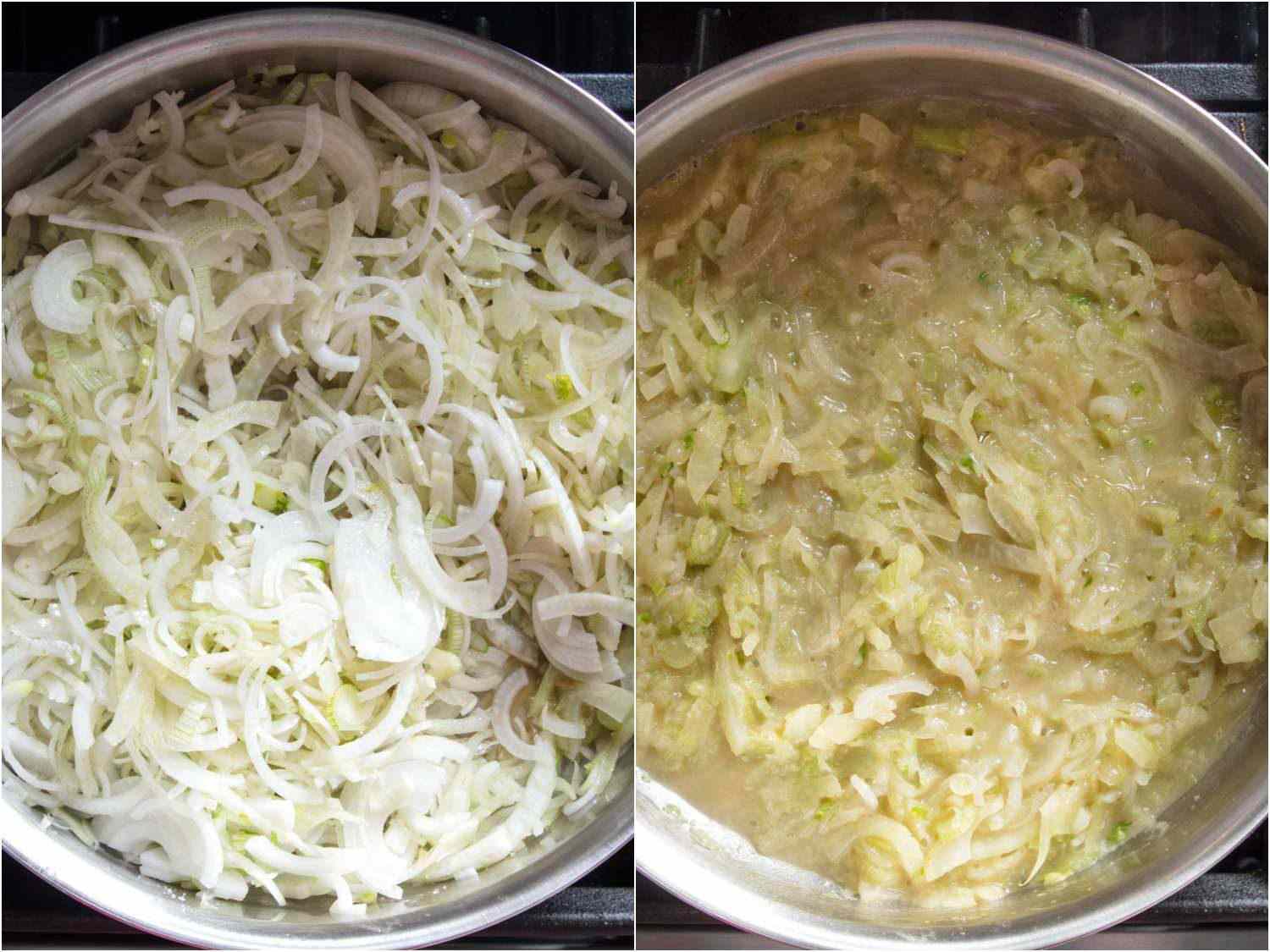 Side-by-side shots of spring onion bottoms and fennel when they first go into the skillet and once they have been cooked down.