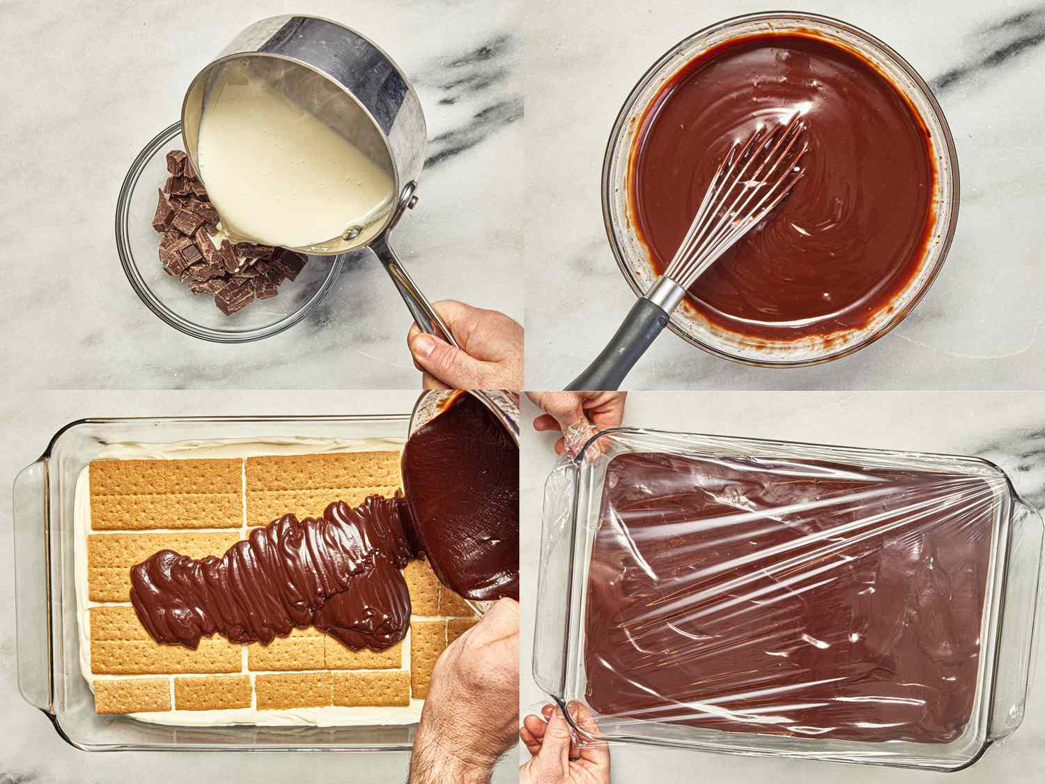 4 image collage of melting chocolate and layering over graham crackers