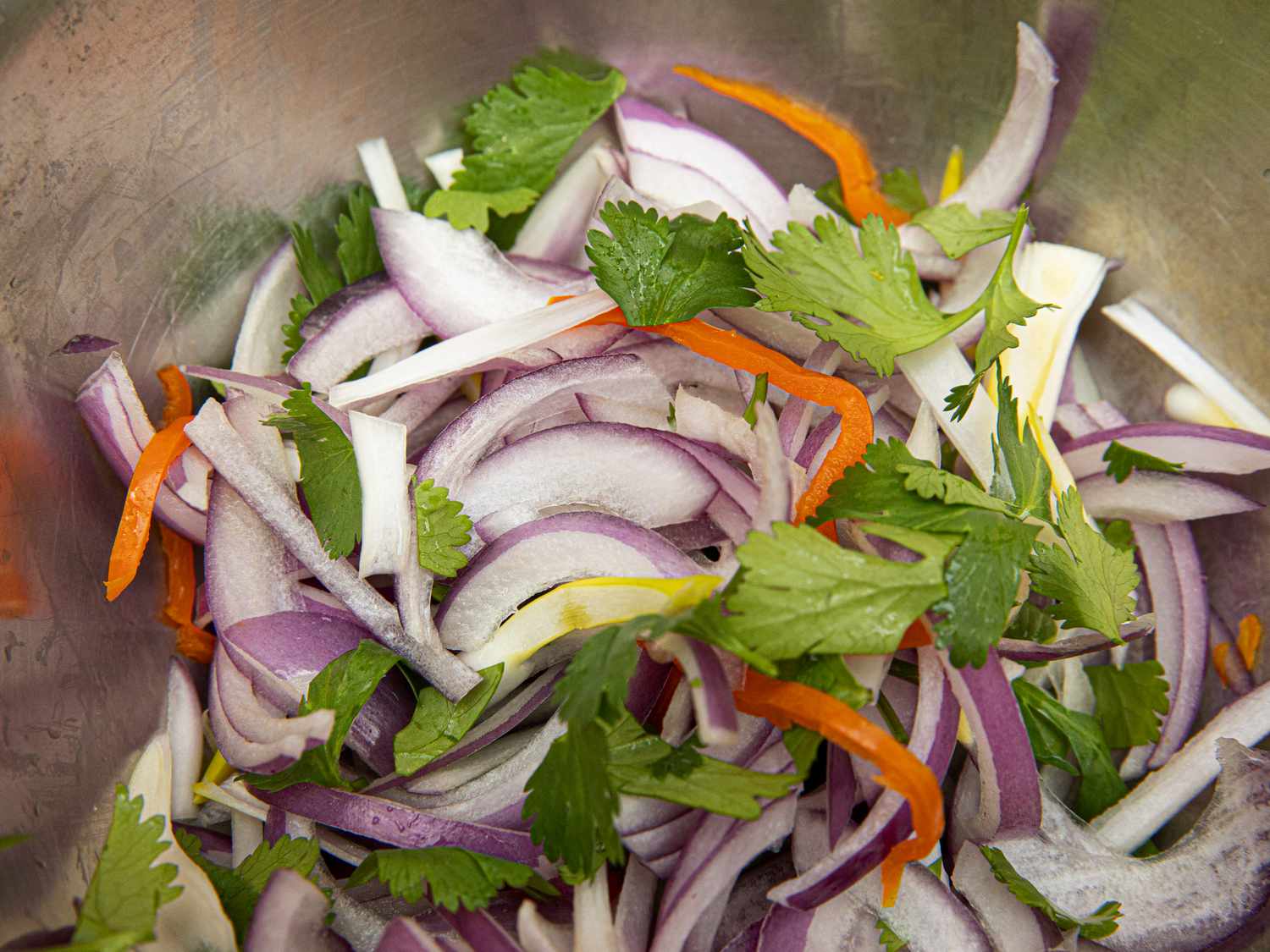 Overhead view of undressed salad