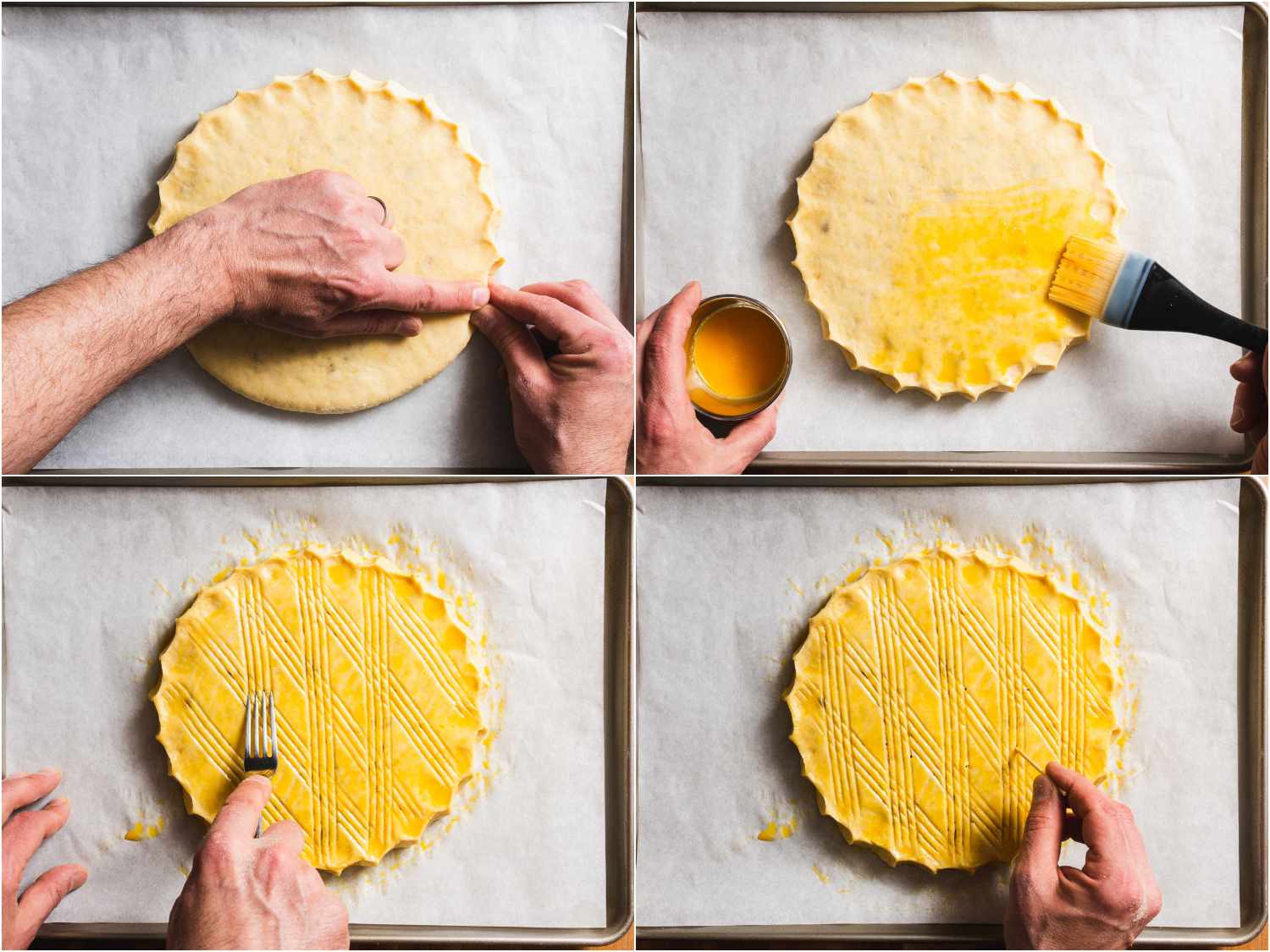 collage: pinching edges of cake; egg wash; dragging fork across to make a pattern; docking with a pin