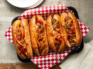 Overhead view of sausages and peppers