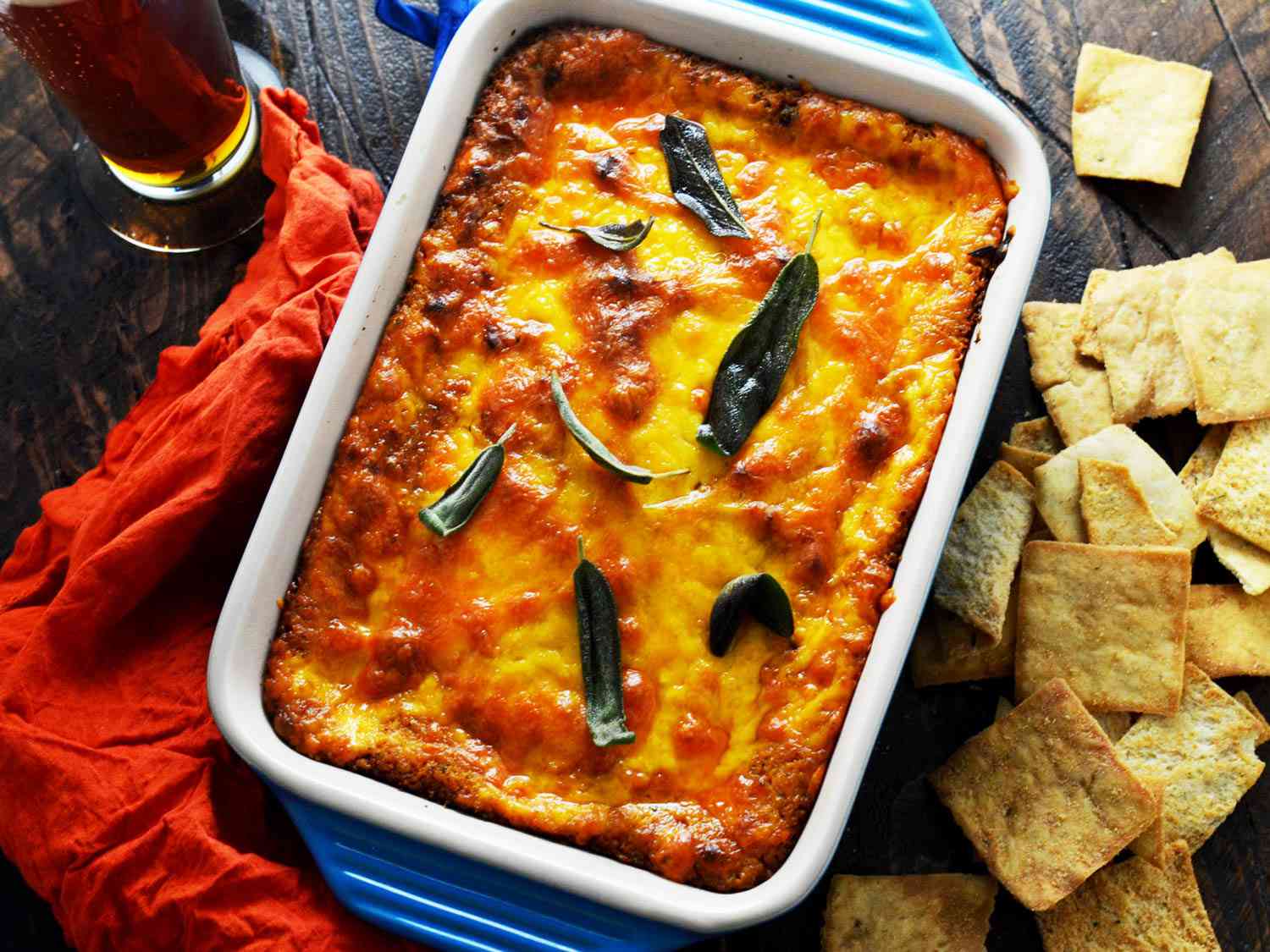 Overhead view of warm butternut squash dip, fresh from the oven.