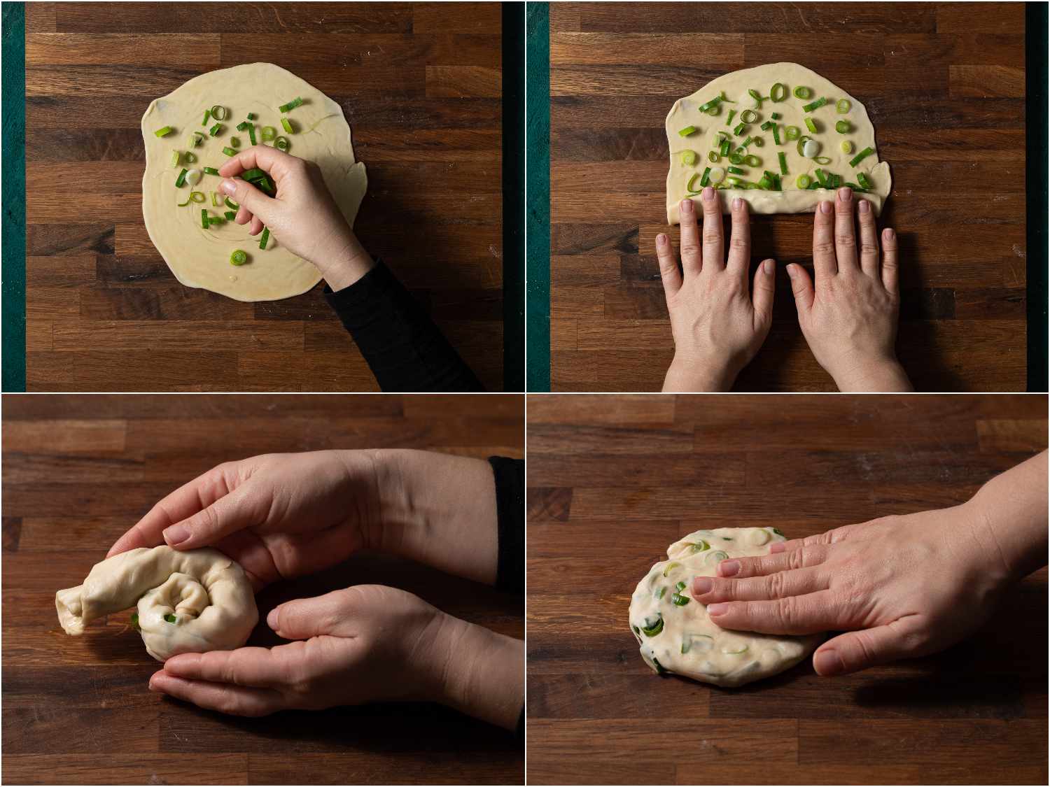 A collage showing the sliced scallions being added to the rolled out dough, and then being rolled up, formed into a spiral, and then patted into a disc.