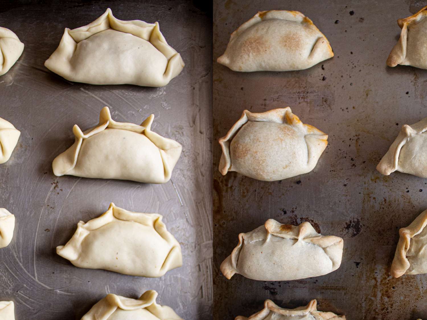 Two Image Collage. Left: uncooked empanadas on a baking sheet. Right: Cooked empanadas on a baking sheet