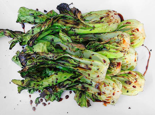 Grilled baby bok choy with a sweet soy gaze.