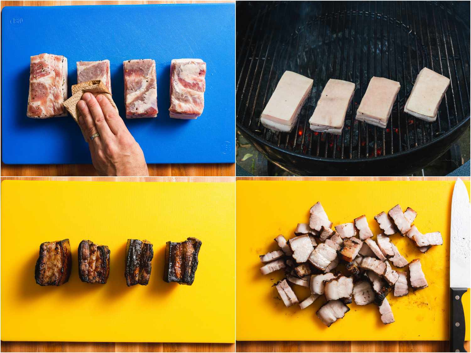 grilling and slicing pork belly