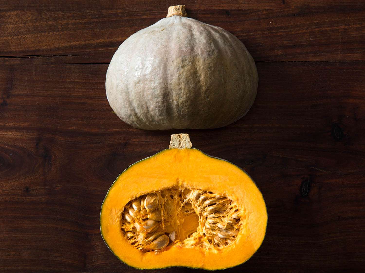 Hubbard squash halved and displayed cut side down and cut side up