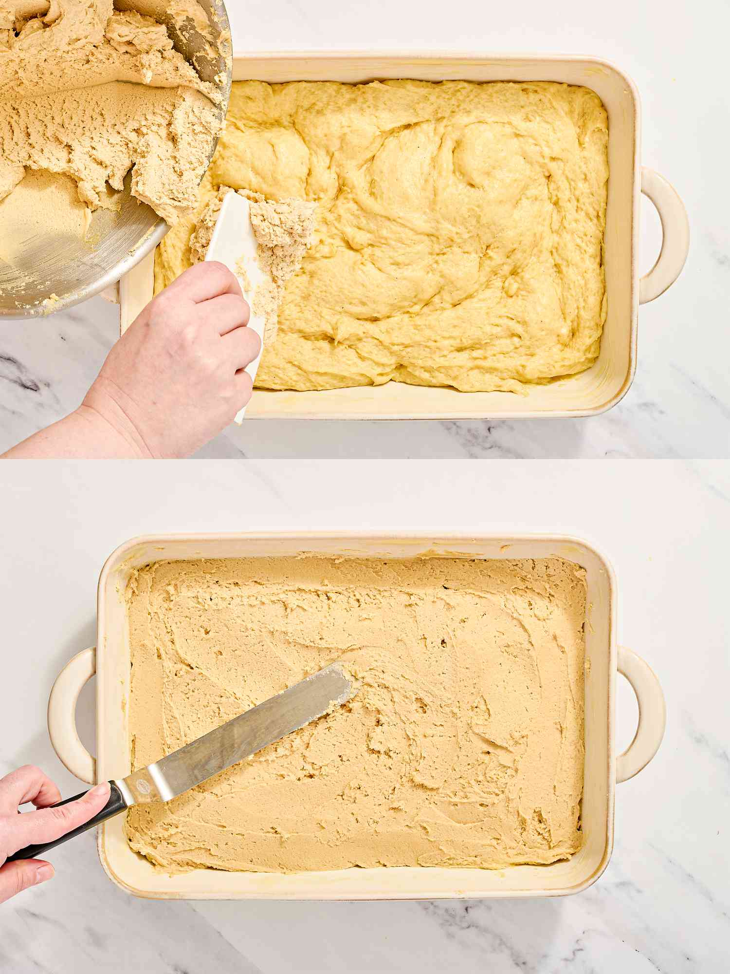 Steps in preparation of gooey butter cake, dough being spread and smoothed in a baking dish