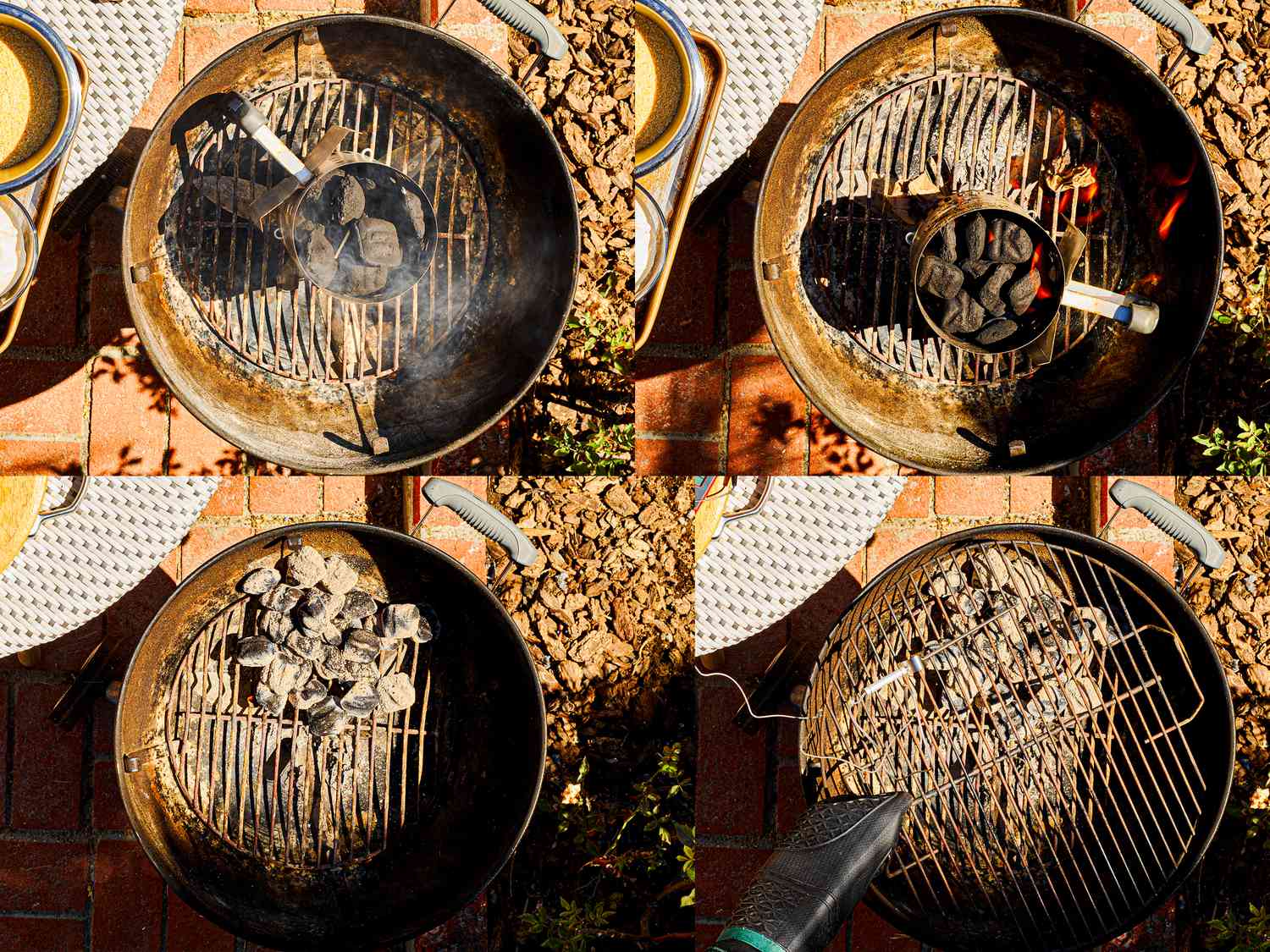 Four image collage of preparing the charcoal gril