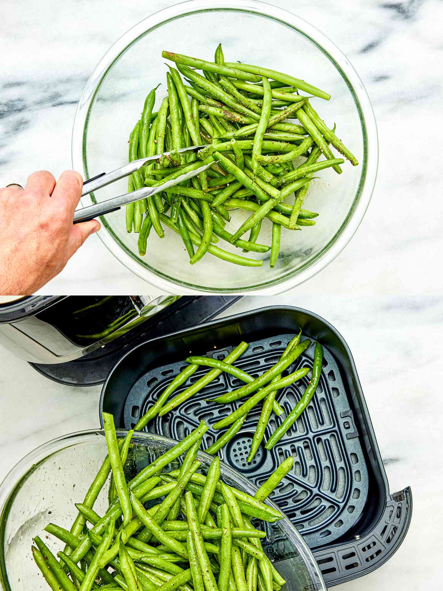 Tossing green beans with oil and placing in an air fryer