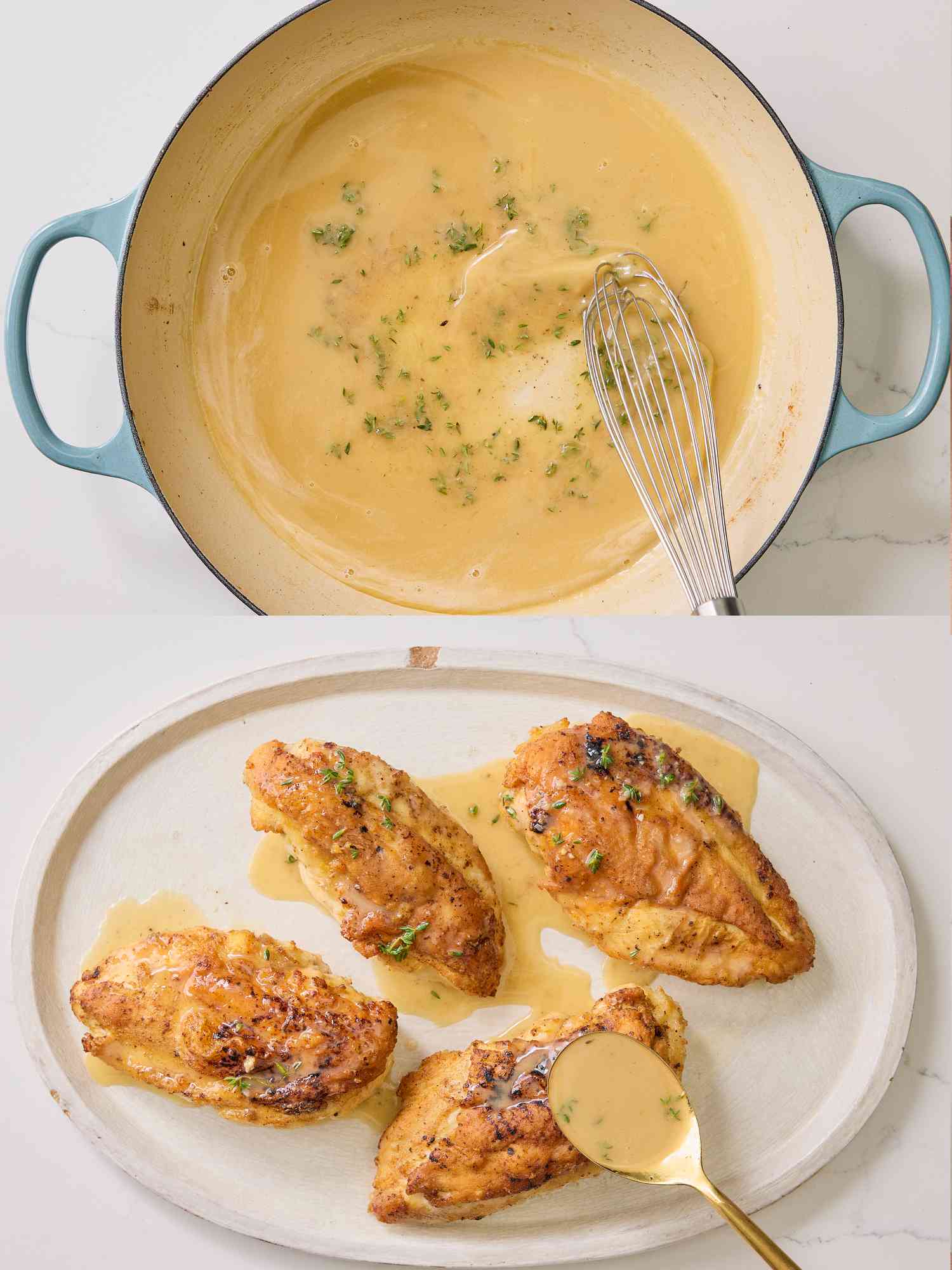 2 image collage. Top: whisking butter into wine sauce on skillet. Bottom: Spooning sauce onto chicken on a platter