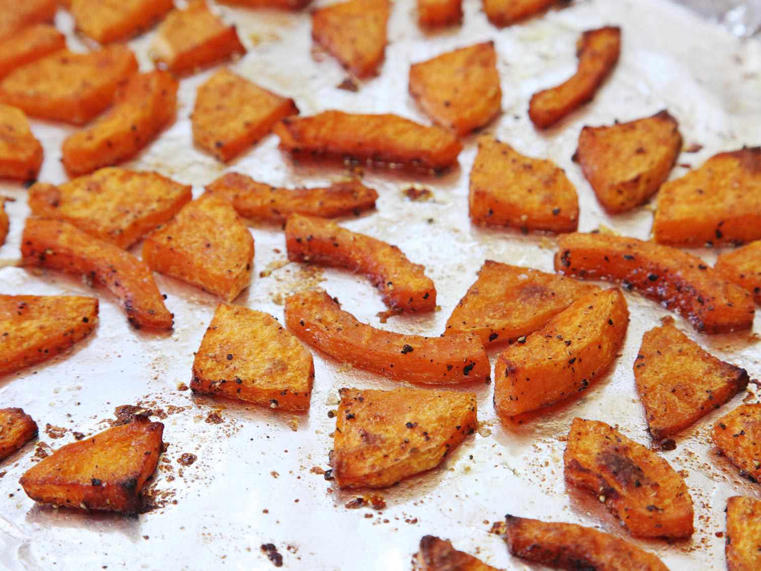 Just roasted butternut squash pieces with well-browned edges.
