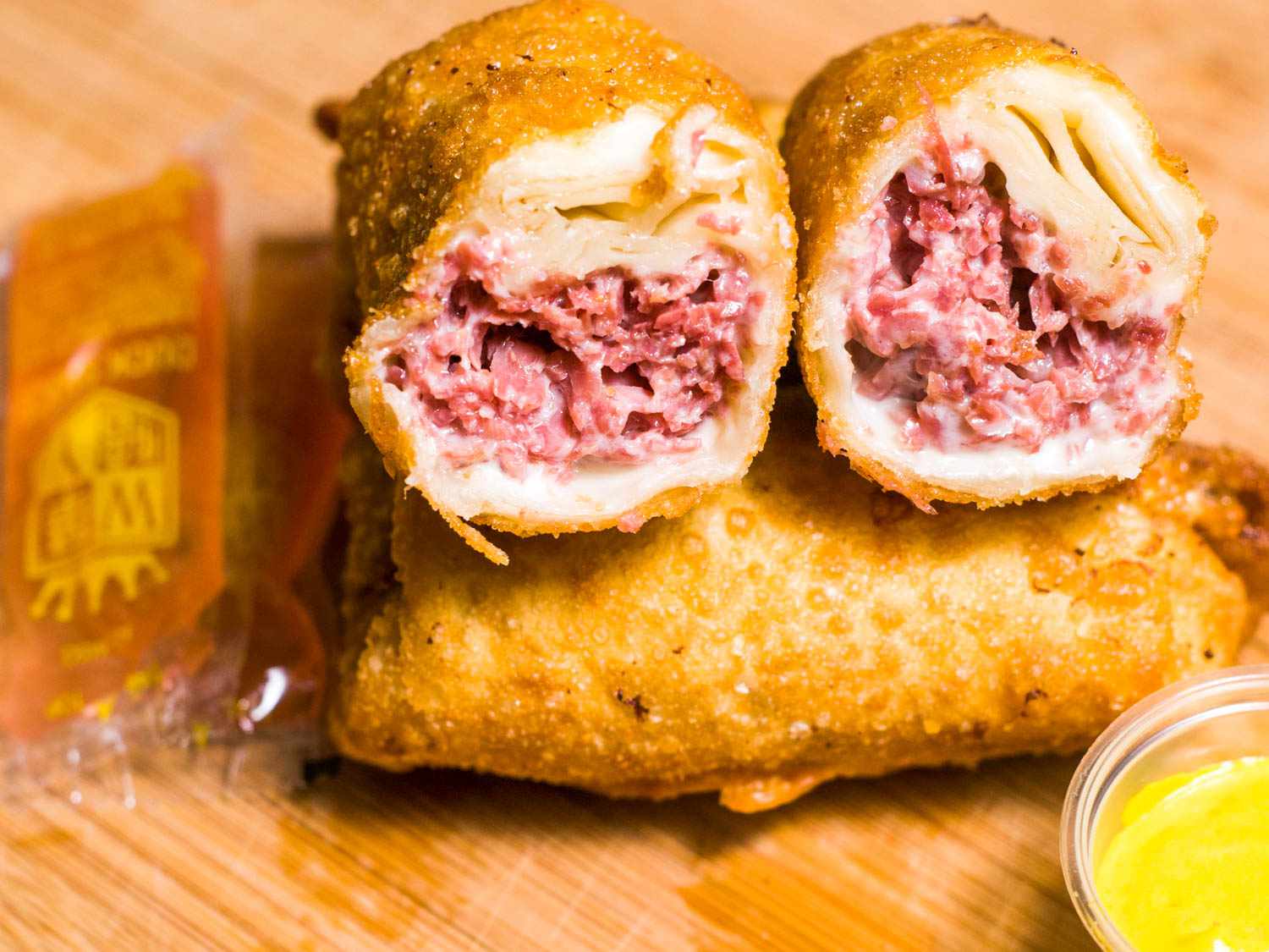 A split Detroit corned beef egg roll.