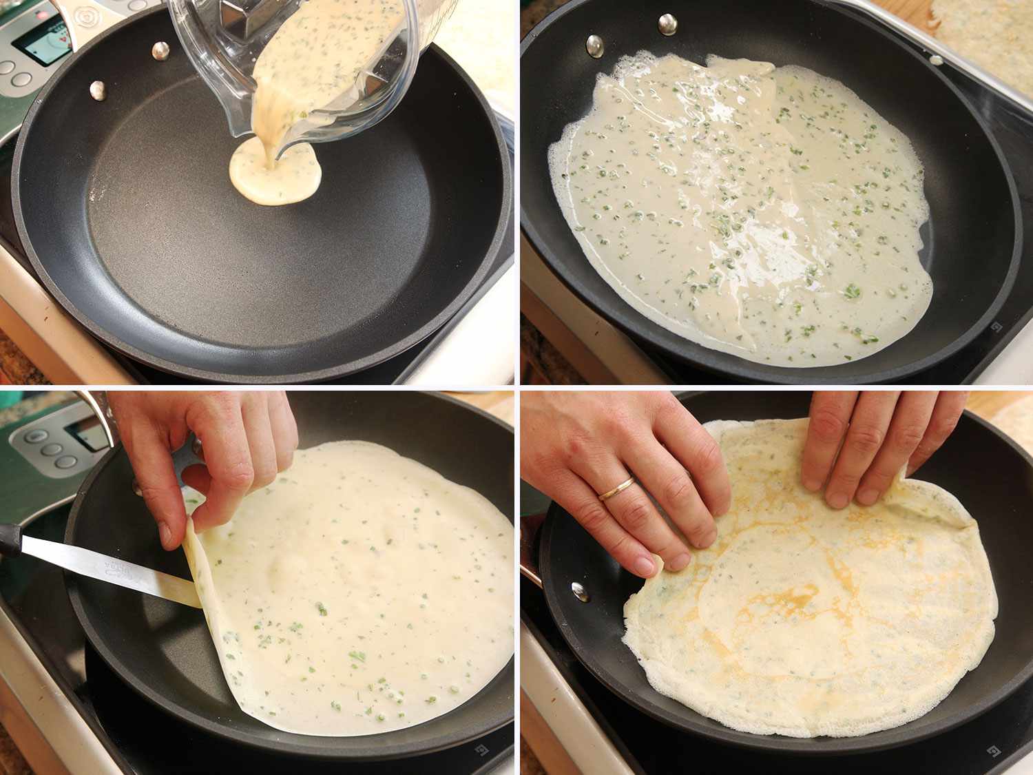 Collage of making crepes: pouring crepe batter into pan, tilting pan to spread batter around, lifting crepe with a thin metal spatula and then with fingers
