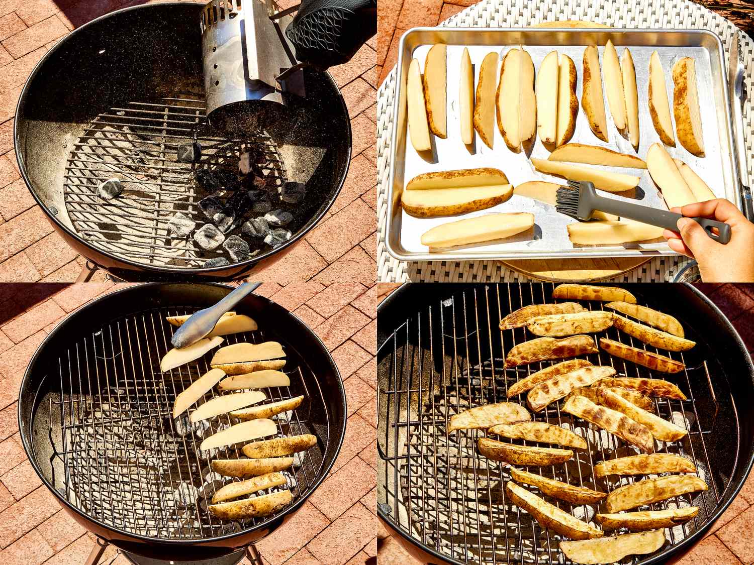 A collage showing steps to prepare grilled potato wedges using a charcoal grill and a baking tray