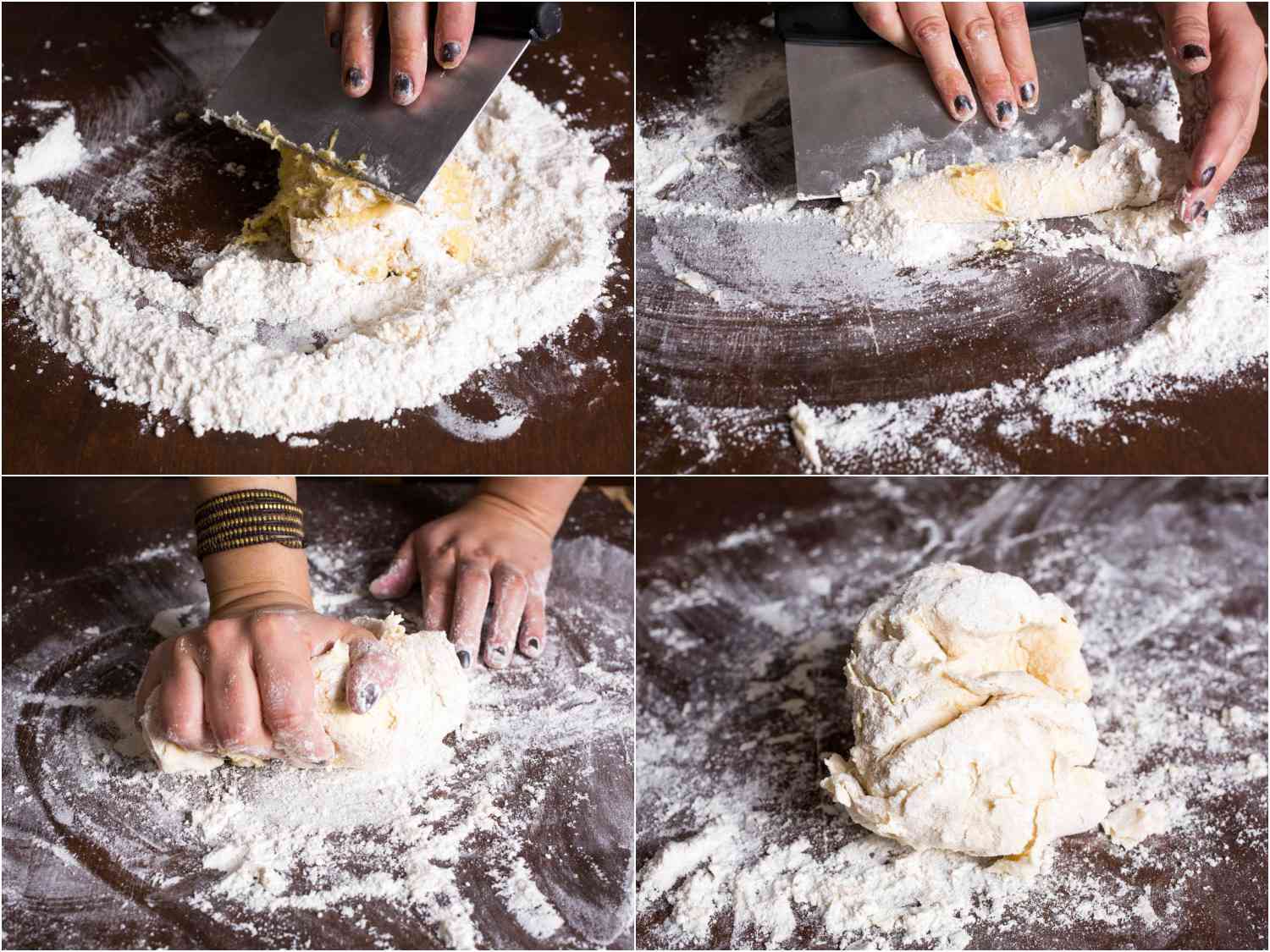 A collage of pasta making: using a bench scraper to combine the dough and knead the dough into a craggy-looking ball. 