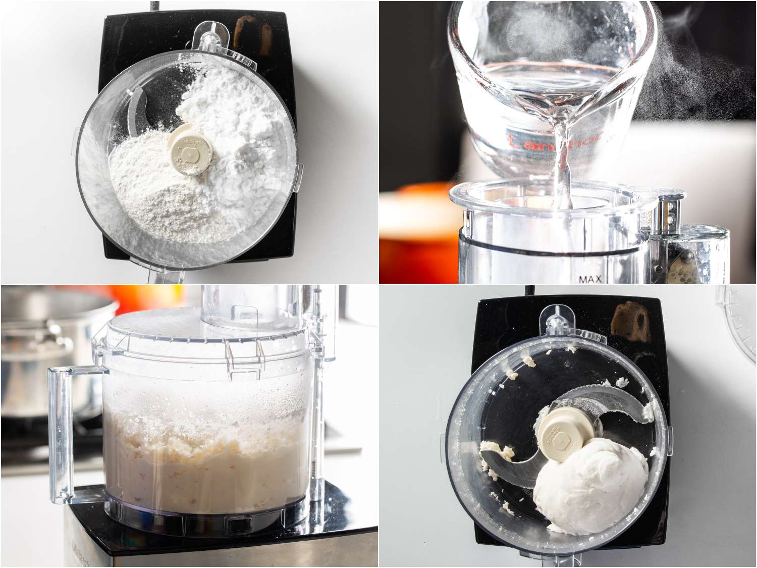 Preparing the dough for noodles by adding pastry flour, potato starch, and salt to a food processor, then adding boiling water while the processor is running until the dough forms