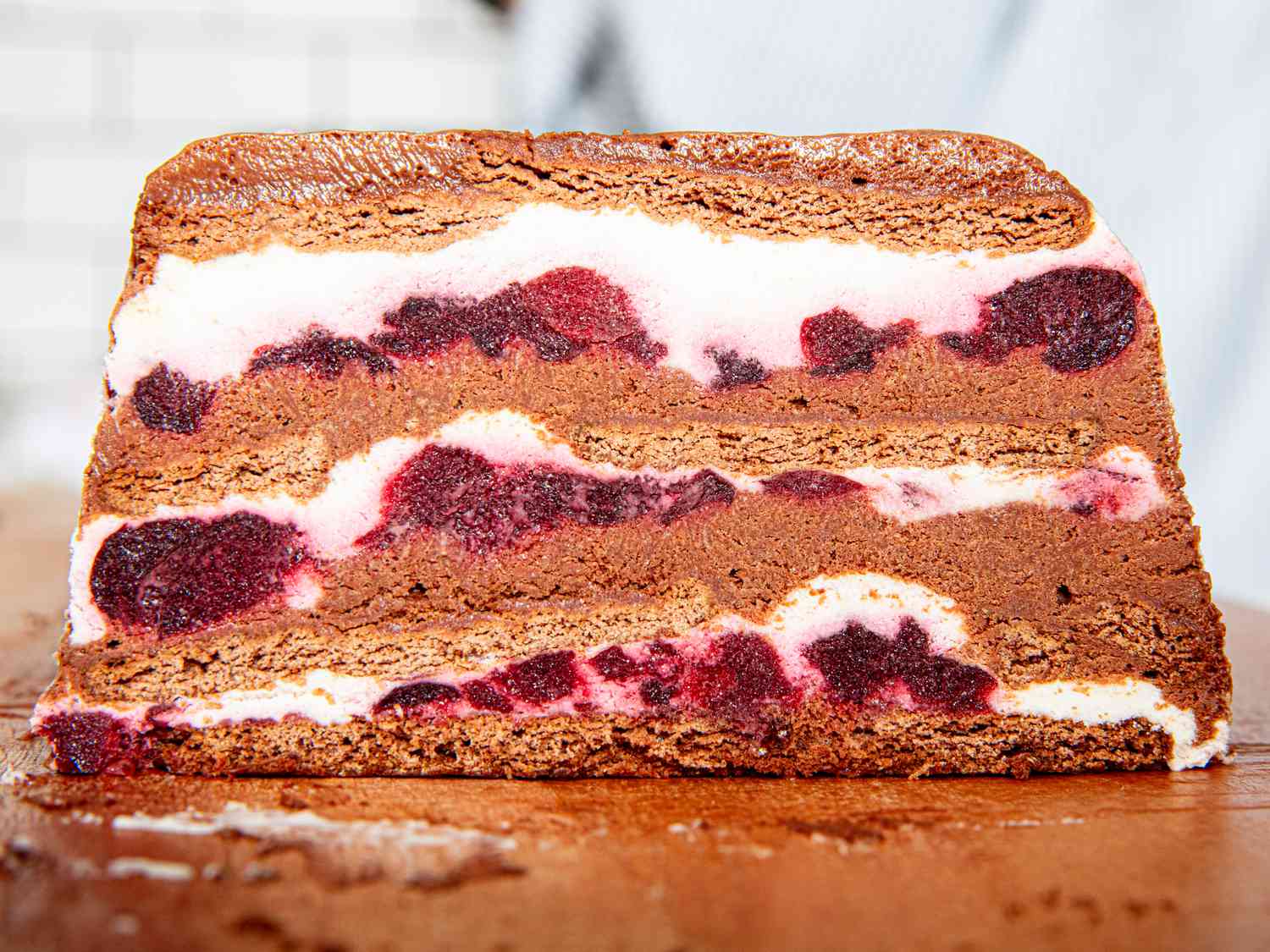 side view of building black forest icebox cake