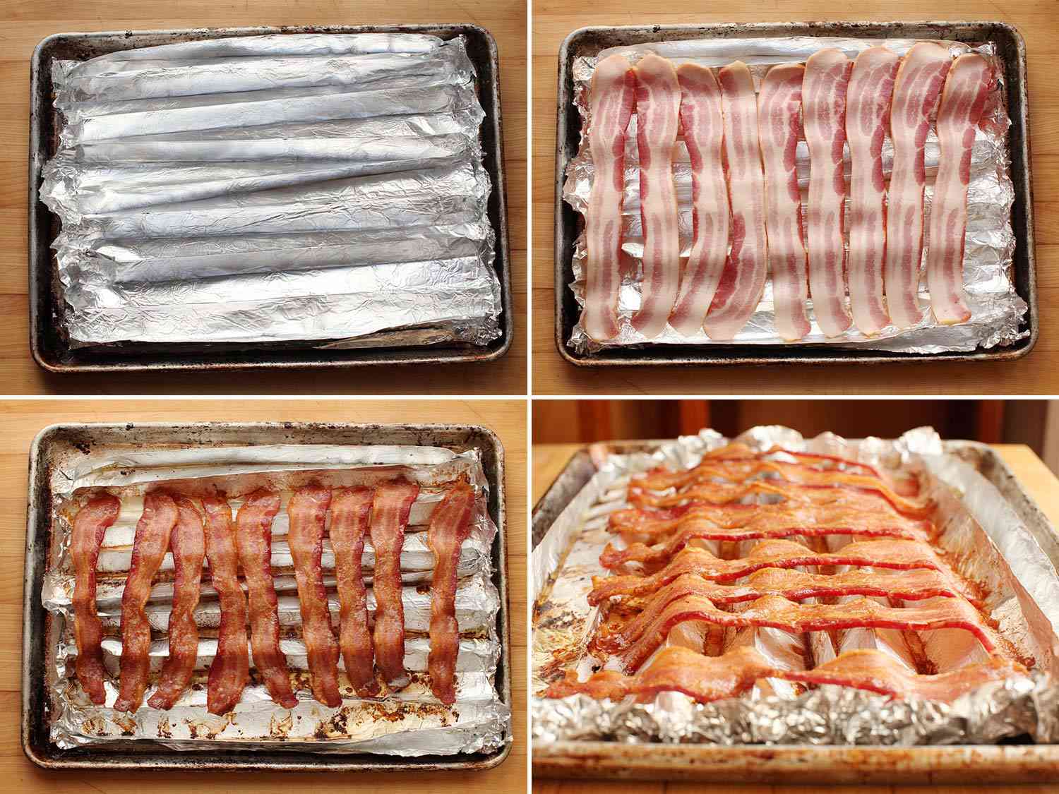 Collage of pan and foil prep as well as before-after shots of bacon baked on a crimped piece of foil.