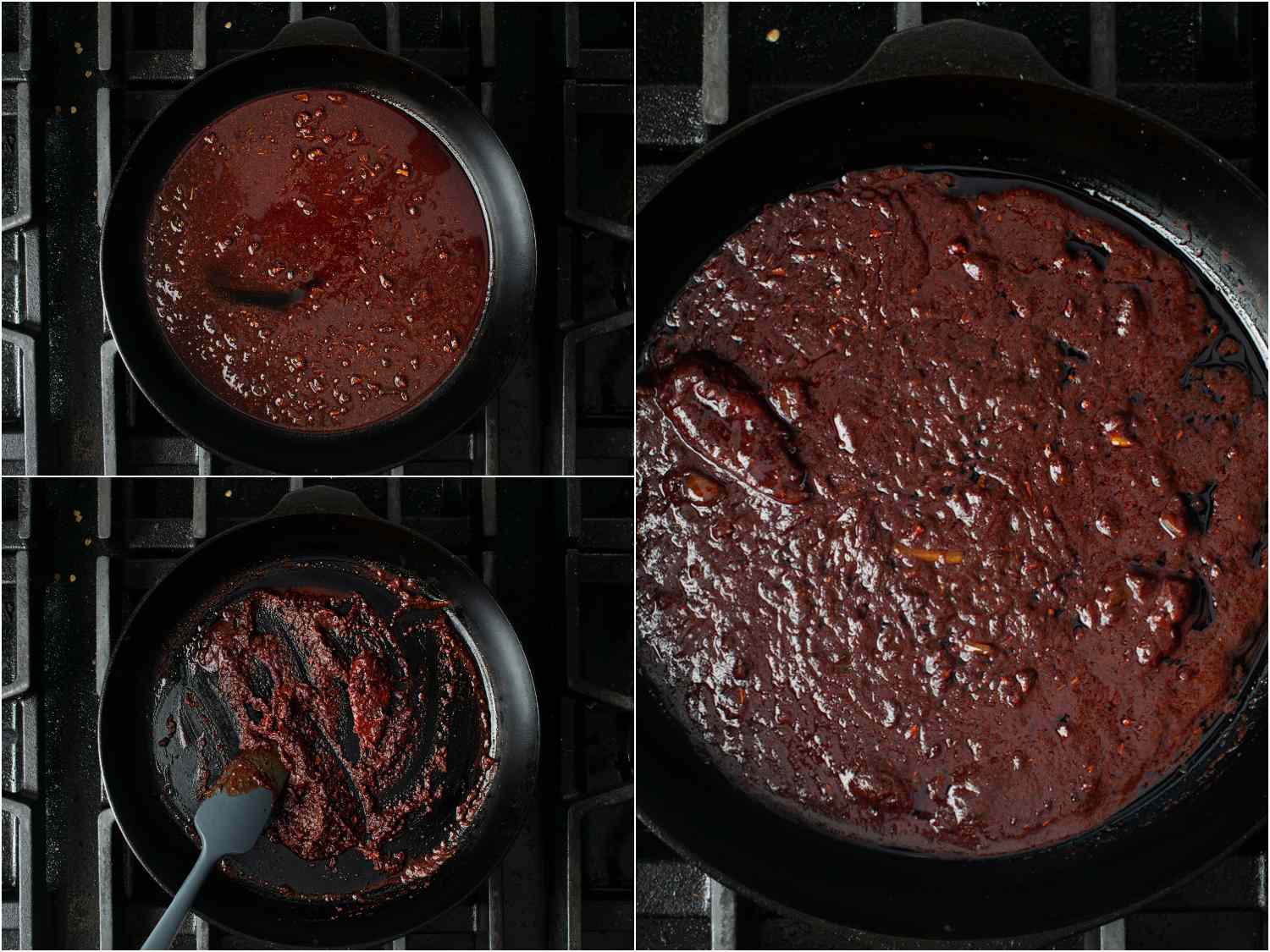 Collage of cumin, oregano, and achiote in skillet; chipotle chiles and sauce added, cooked and drying out into a paste