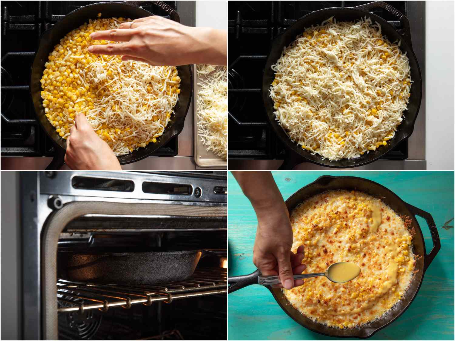 Four-image collage of sprinkling cheese over the skillet of corn, melting under a broiler, and drizzling with mustard sauce