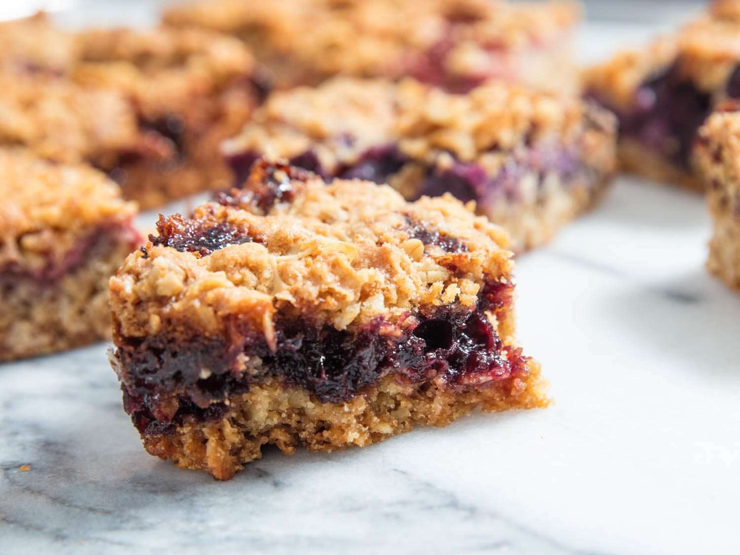 Close up view of a fruit bar square. 