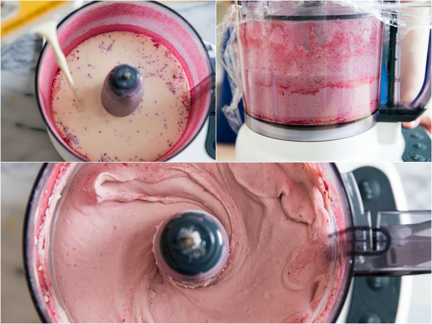 Collage of making raspberry whipped cream in a food processor: adding cream to the bowl containing ground freeze-dried fruit and blending the mixture until smooth. 