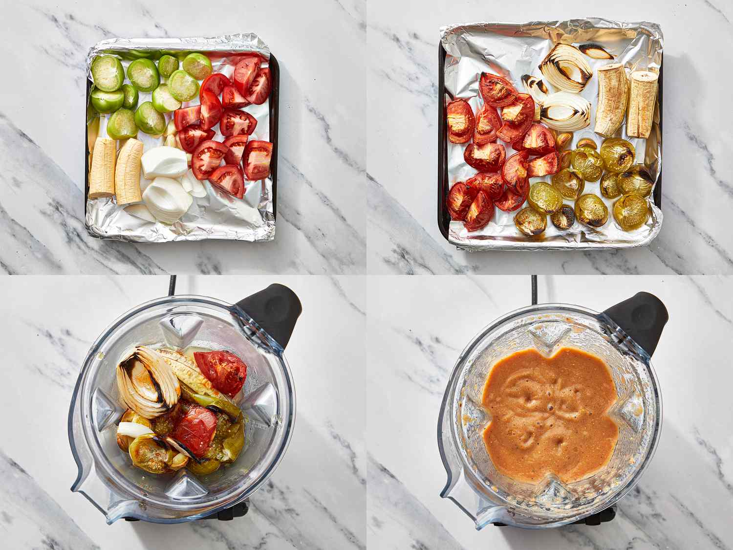 Steps for preparing a mole sauce, with ingredients on baking trays and blended in a blender displayed in progression