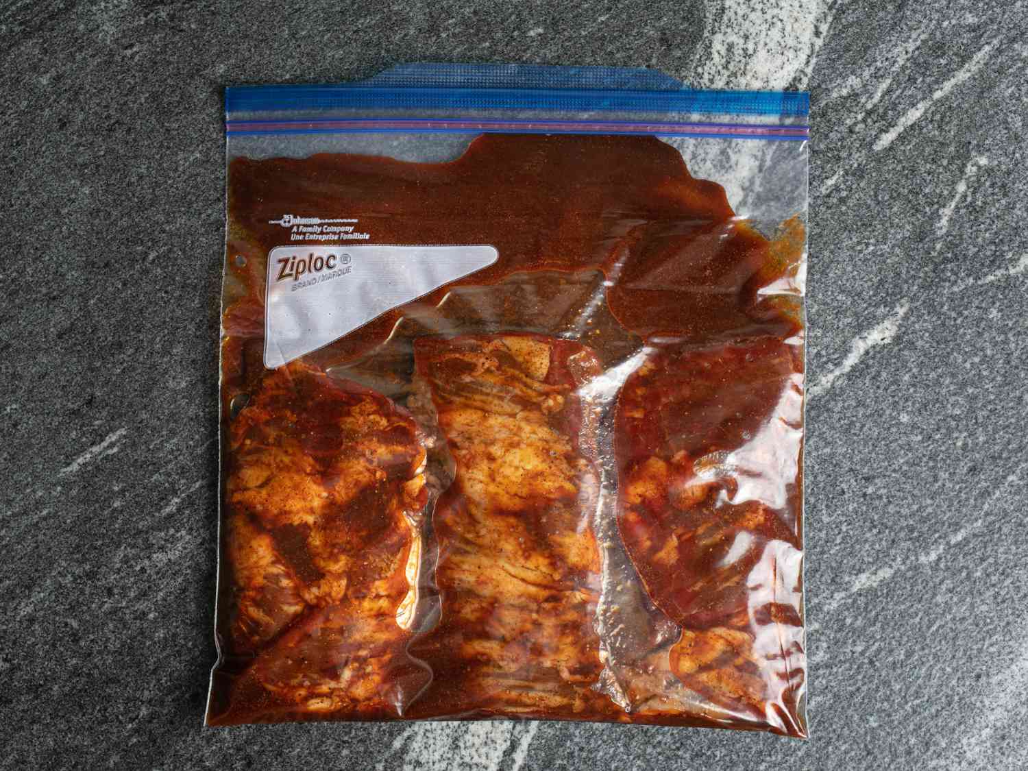 Skirt steak and marinade in ziplock bag.