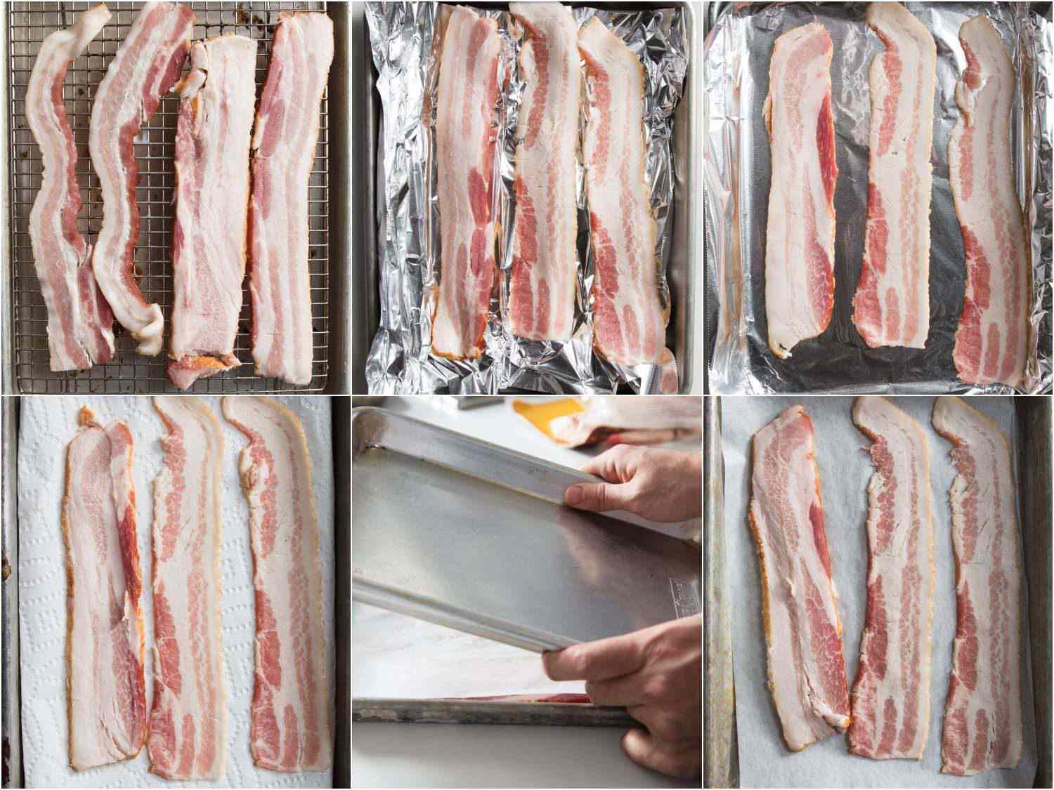 Testing bacon on various cooking surfaces like parchment, foil, a wire rack, and more