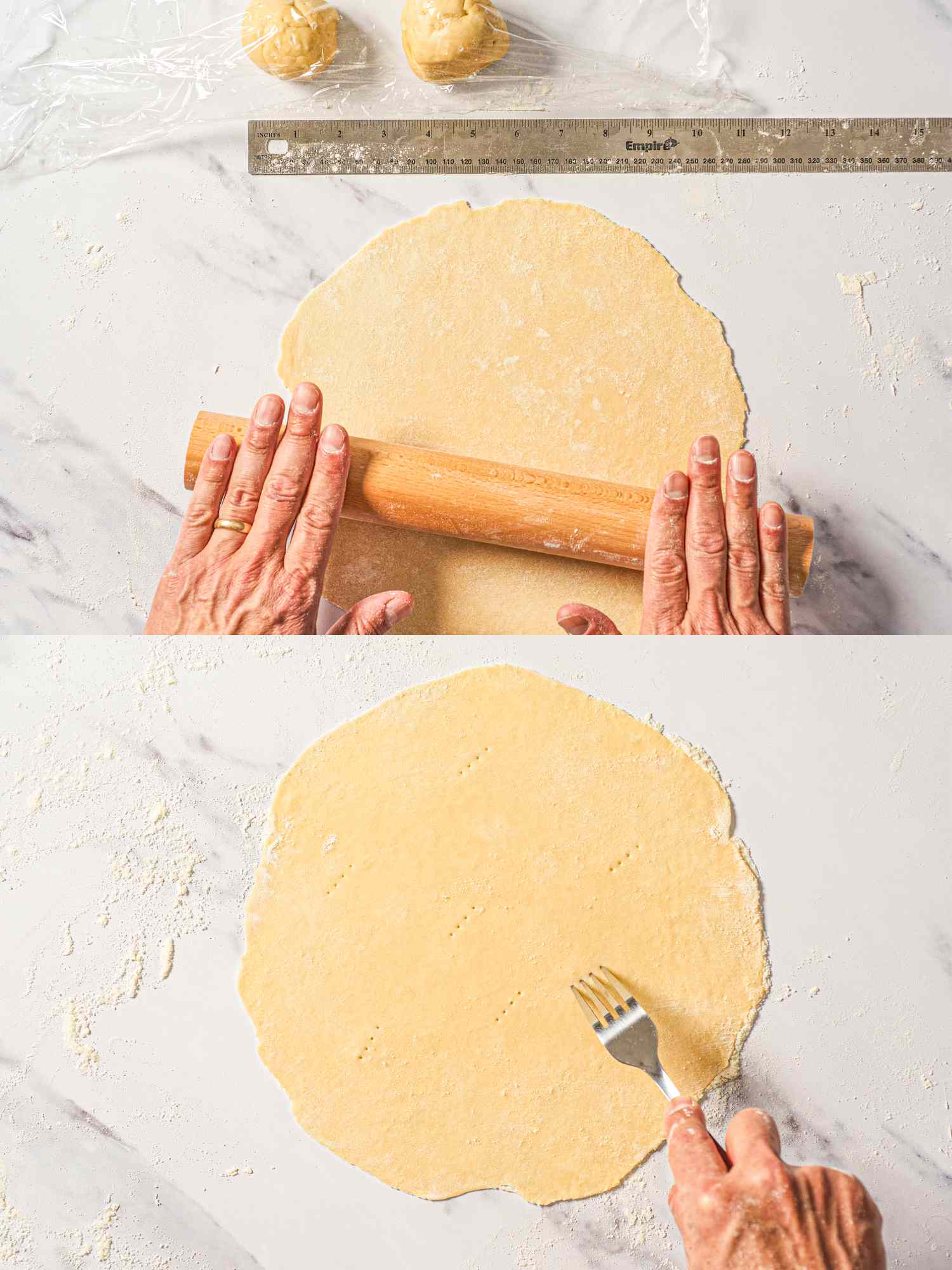 Two image collage of rolling dough and pricking with fork