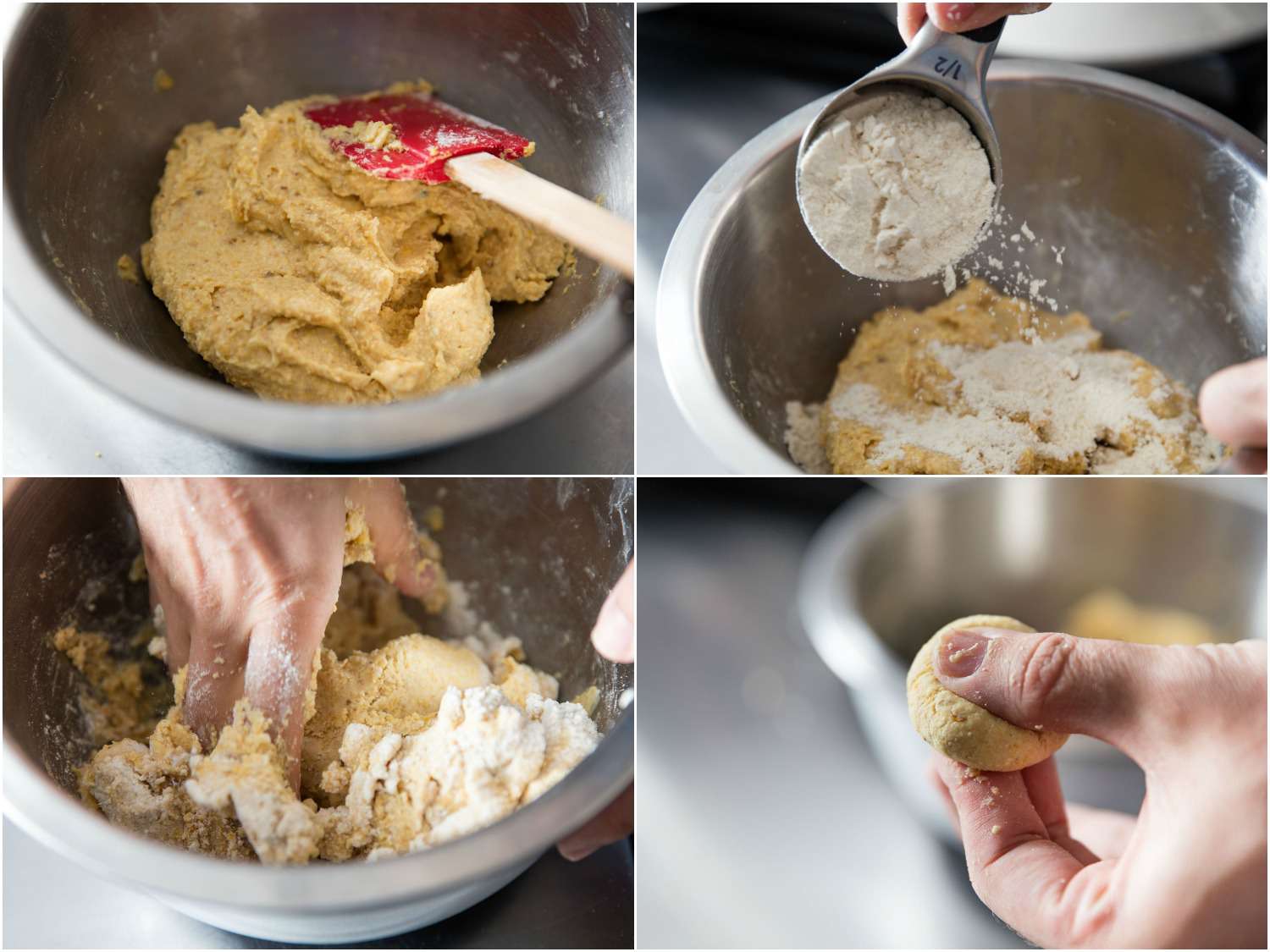 Collage of masa harina being added to dough for making corn tortillas