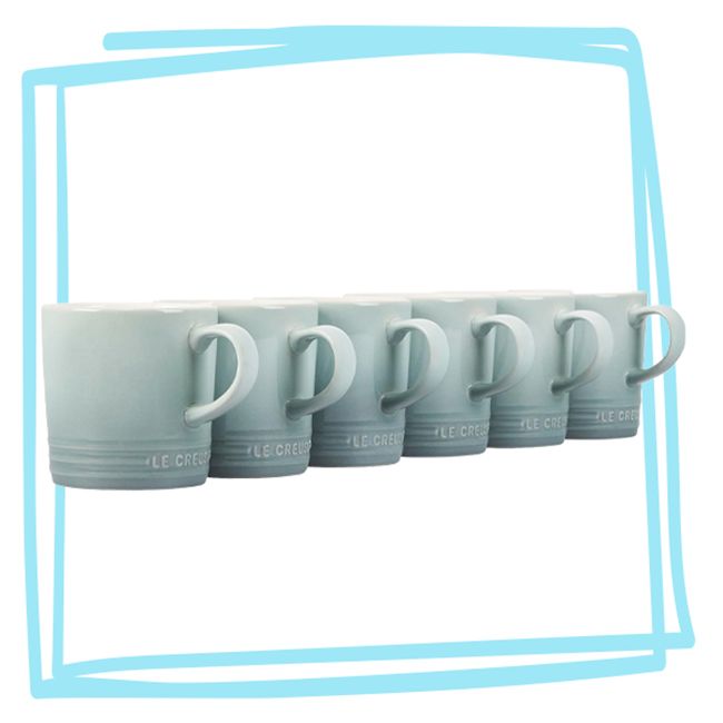 Six Le Creuset espresso cups arranged in a row