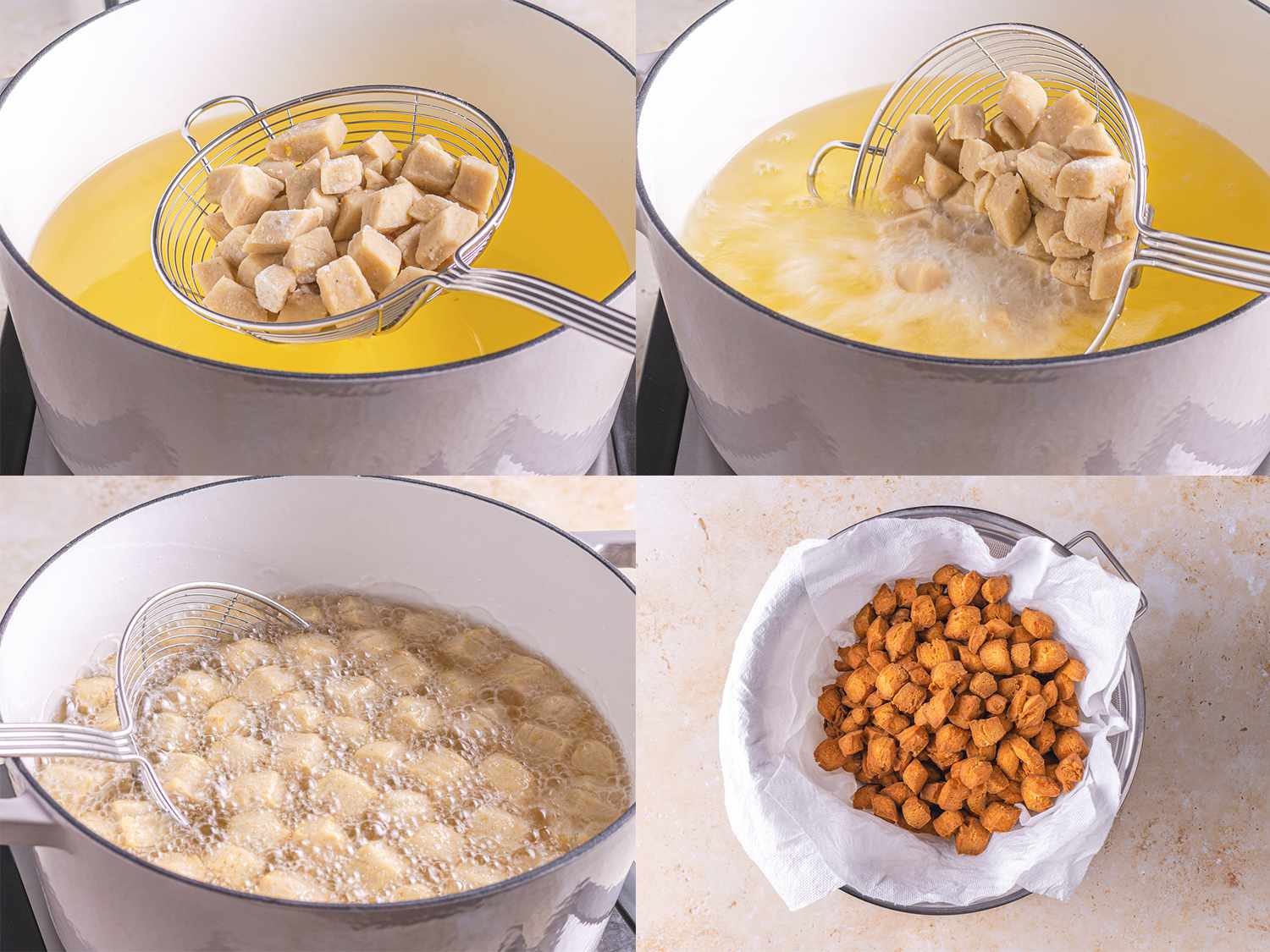 Four image collage showing chin chin pieces in a spider being lowered into oil, fried in oil, and resting in a paper towel lined strainer